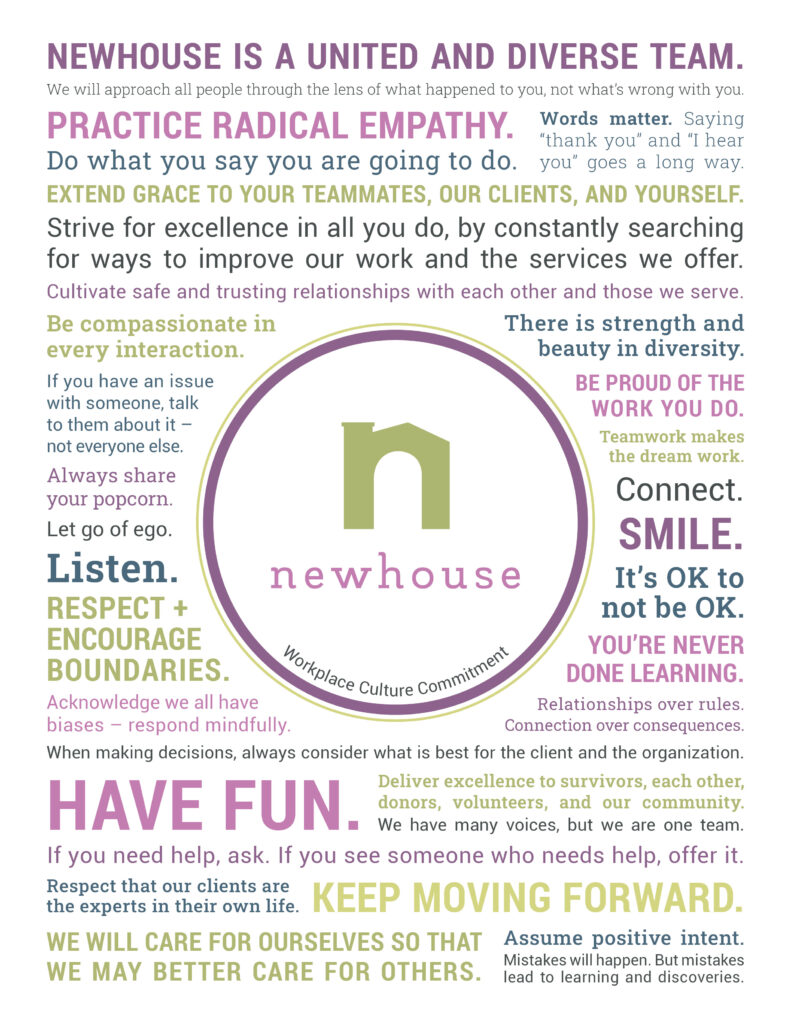 Newhouse Culture Commitment image with many phrases and words describing the culture for the Newhouse team. 