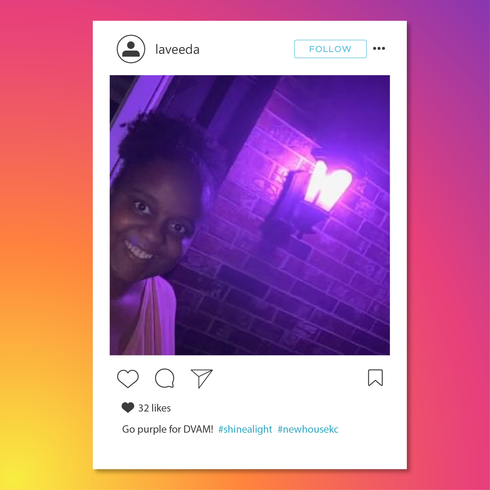 Instagram post of purple lightbulb shining with smiling face